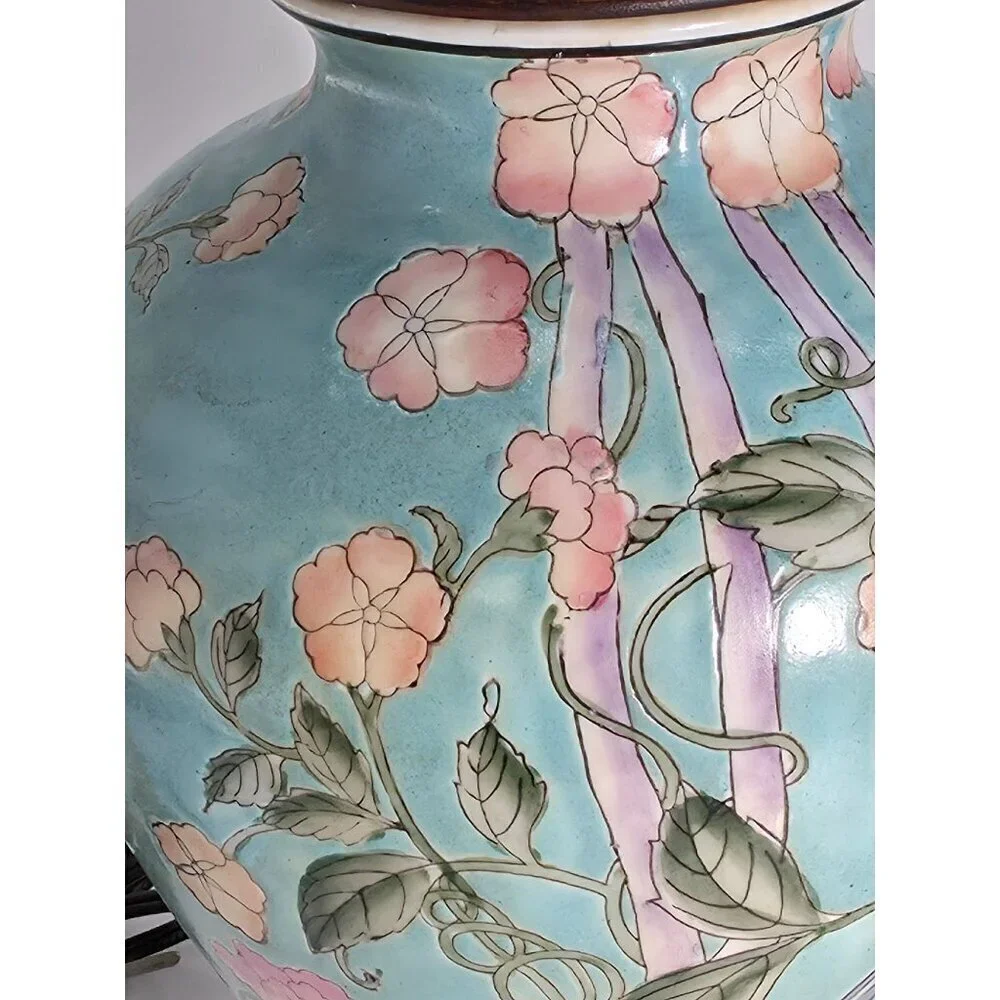 Vintage Floral Ceramic Table Lamp With Hand-Painted Bird Design On Wood Base